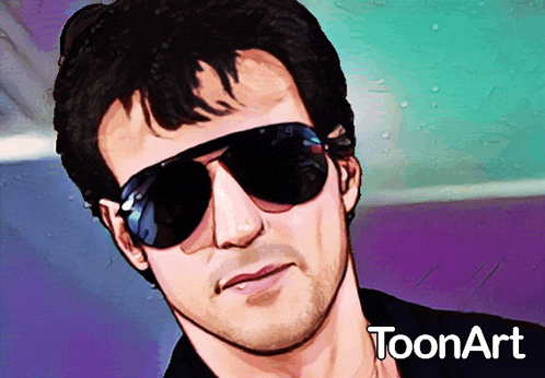 a cartoon drawing of a man wearing sunglasses with toonart written on the bottom right
