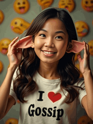 a woman wearing a t-shirt that says i heart gossip