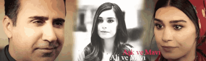 a black and white photo of a man and a woman with the words " ali ve mavi " on the bottom right