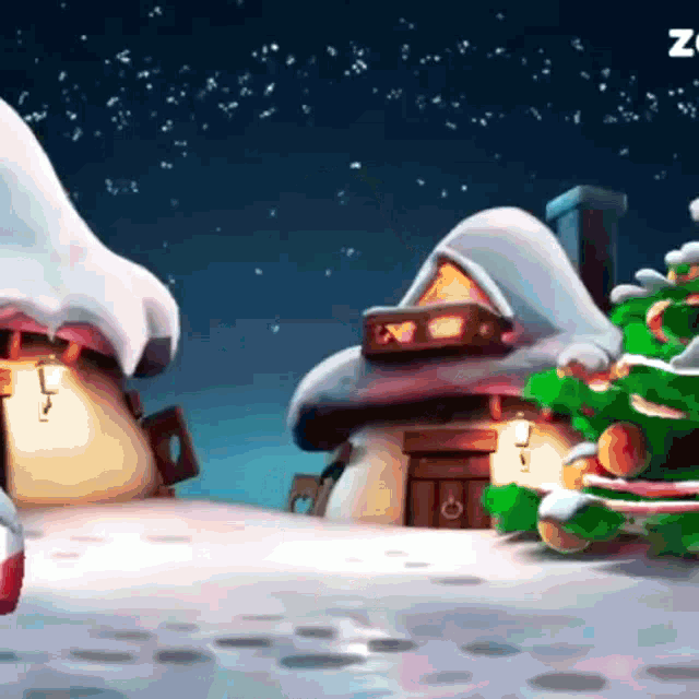 a cartoon scene with a house and a christmas tree with the letter z on the bottom