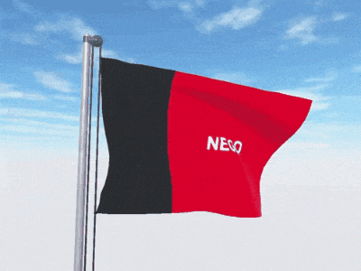 a red and black flag with neno written on it is waving in the wind