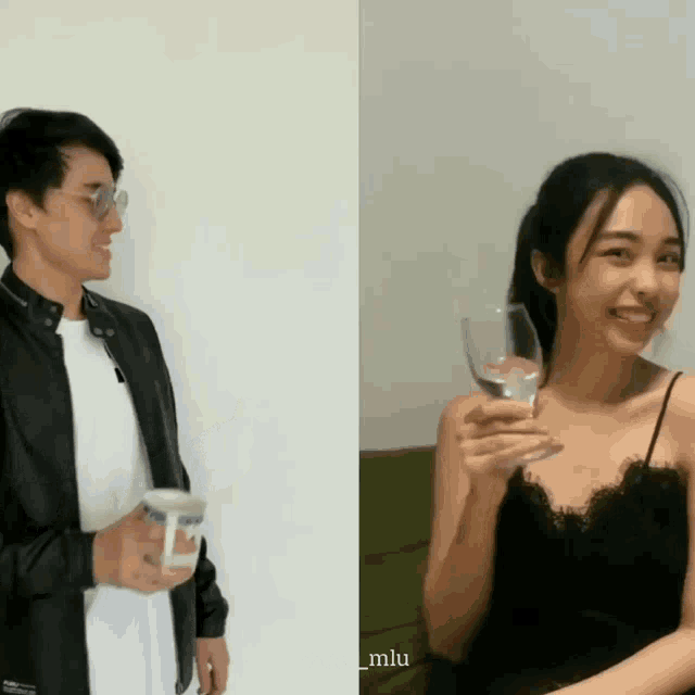 a man holding a cup and a woman holding a glass with the name asher_mlu on the bottom