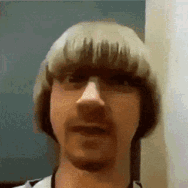 a man with blonde hair and a mustache is looking at the camera .
