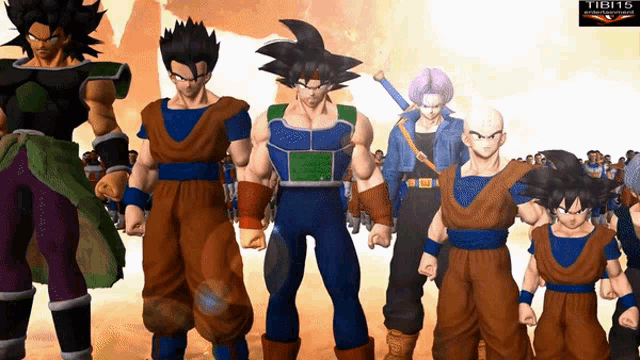 a group of dragon ball characters standing next to each other with a tibits logo in the corner
