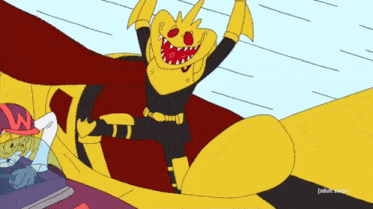 a cartoon of a man in a yellow costume with the word adult swim on the bottom