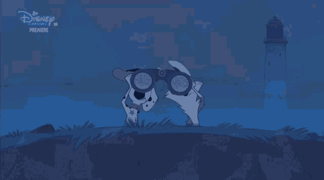 three dalmatian dogs standing next to each other in front of a lighthouse on a disney channel ad
