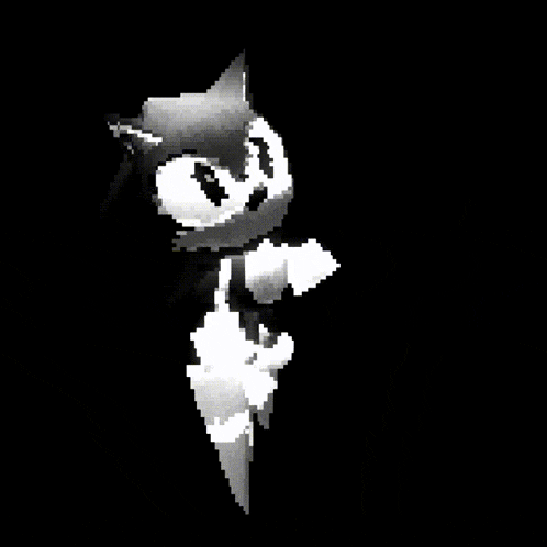 a black and white pixel art of a cartoon character in the dark
