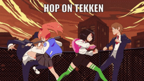a group of people are fighting with the words hop on tekken written above them