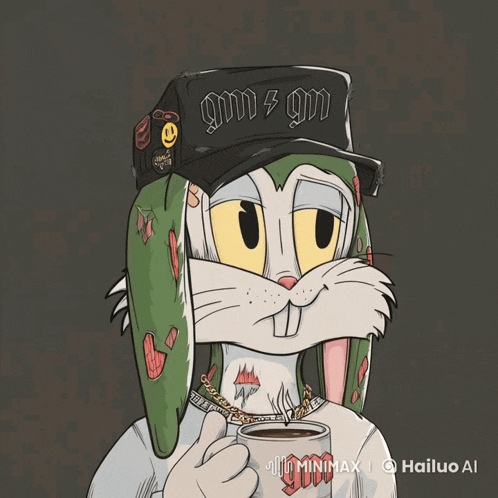 a drawing of bugs bunny wearing a hat and holding a cup of coffee by hailuo ai