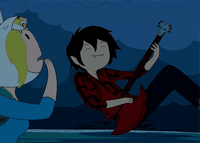 a cartoon of a man playing a guitar with a skull on it