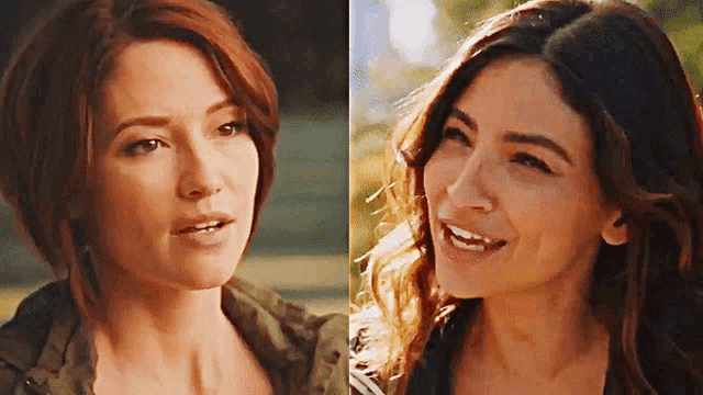 a close up of a woman 's face and a close up of a woman 's face smiling