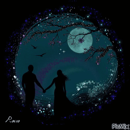 a painting of a man and a woman holding hands in front of a full moon by roco