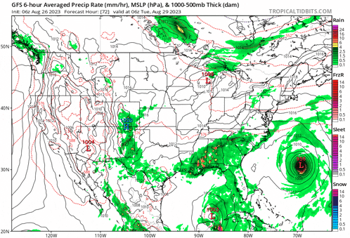 a map of the united states showing the gfs 6 hour averaged precipitate rate