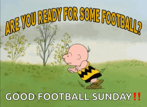 a cartoon of charlie brown running in a field with the words are you ready for some football good football sunday
