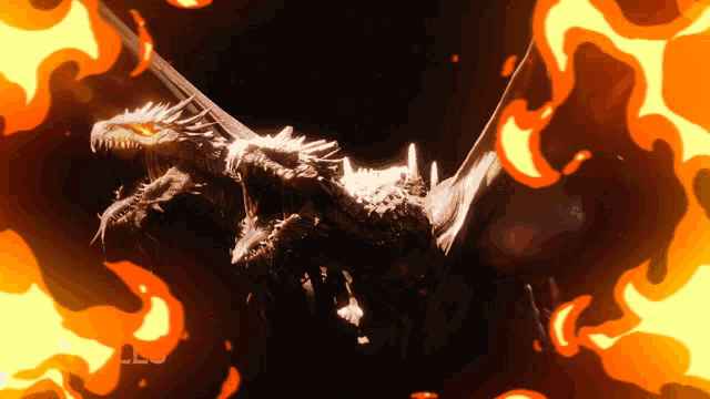 a drawing of a dragon surrounded by flames with the letter l visible