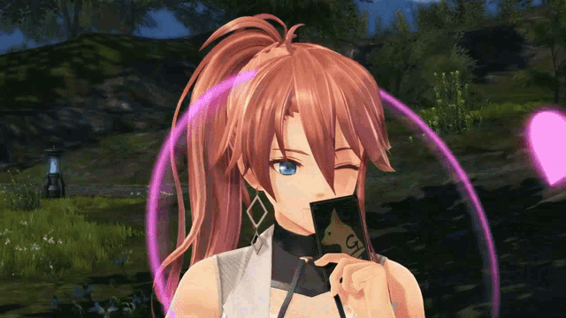 a girl with a ponytail is holding a card that says g7