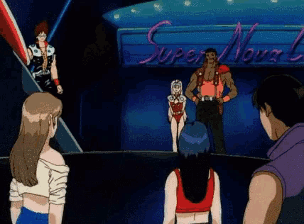 a group of people standing in front of a sign that says supernova