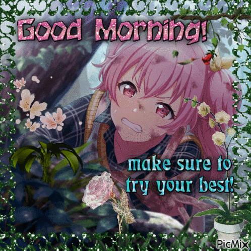a picture of a girl with pink hair saying good morning
