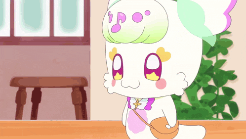 a cartoon drawing of a white cat with a purse on its shoulder