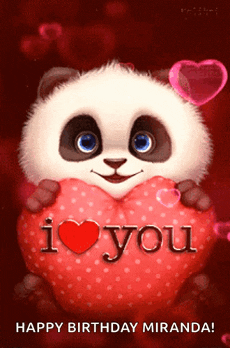 a panda bear holding a heart shaped pillow that says i love you