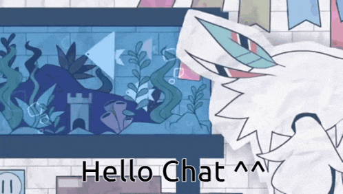 a cartoon drawing of a fish tank with the words hello chat
