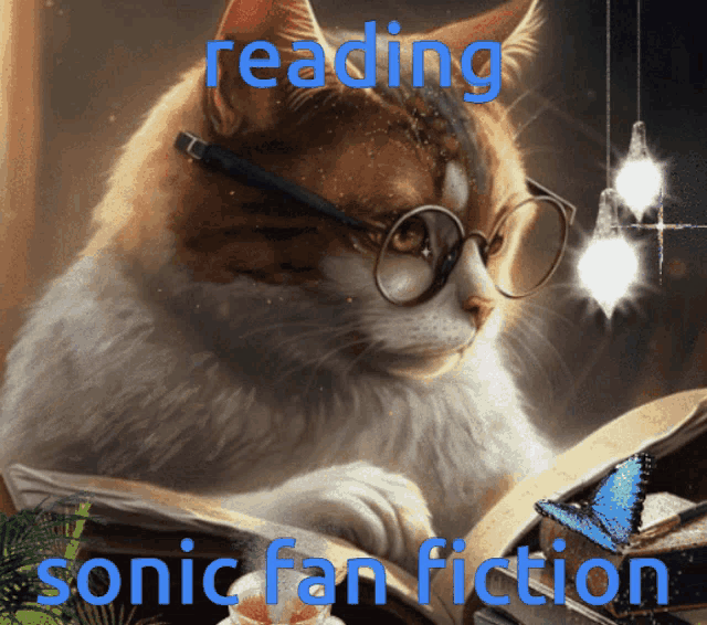 a cat wearing glasses is reading a book with the words reading sonic fan fiction below it