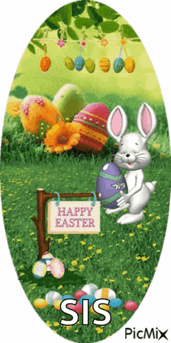 a bunny holding an easter egg next to a sign that says happy easter sis