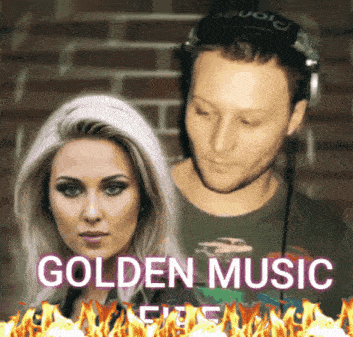 a man and a woman standing next to each other with the words golden music on the bottom