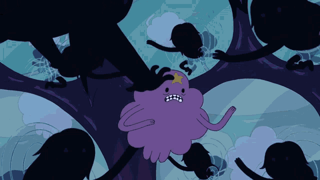 a purple cartoon character with a yellow star on her head is surrounded by silhouettes