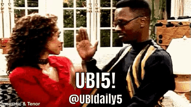 a man and a woman giving each other a high five with the words ubi5 @ ubidaily5