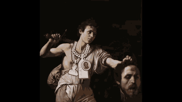 a painting of a man with a chain around his neck and a picture of jesus on it