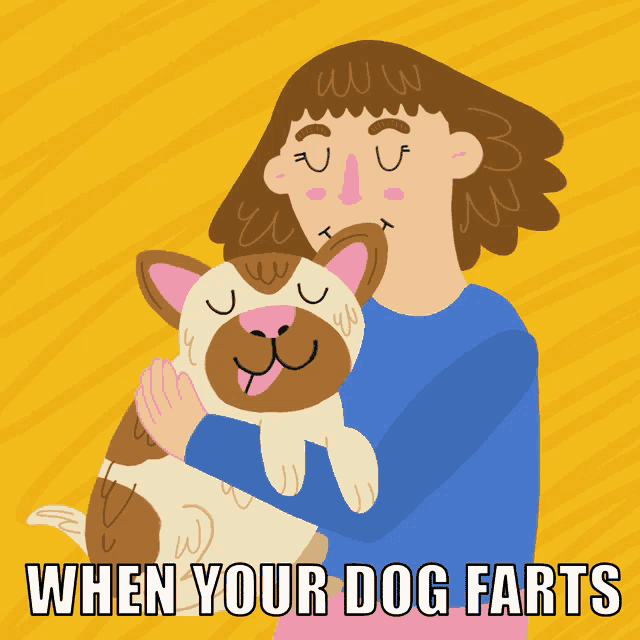 a cartoon of a woman holding a brown and white dog with the caption when your dog farts