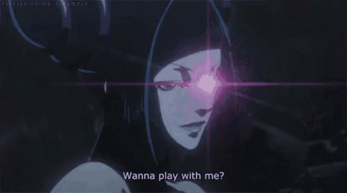 a woman with a glowing eye says " wanna play with me ? "