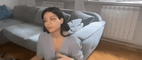 a woman is sitting on a blue couch in a living room with a radiator .