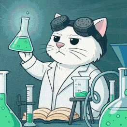 a cat in a lab coat and goggles is holding a beaker of green liquid .