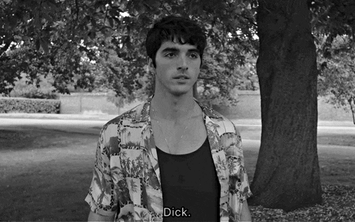 a man in a hawaiian shirt stands in front of a tree and says " dick " at the bottom