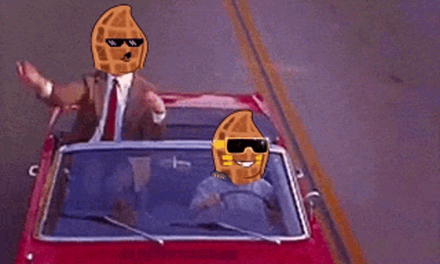 a man and a peanut are riding in a car with sunglasses on .