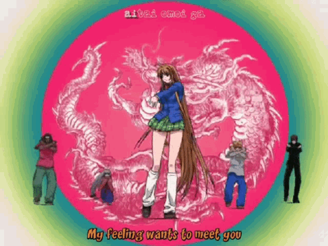 a girl with long hair is standing in front of a dragon with the words " my feeling wants to meet you " below her
