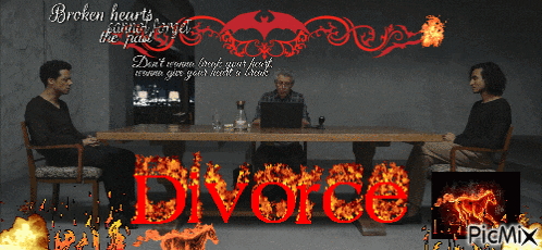 three men sit at a table with the word divorce in red flames