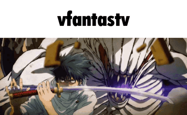 a man is holding a sword in front of a monster with the word vfantastv above him