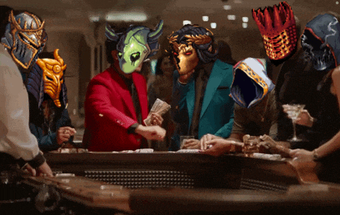a group of people with masks on their faces are playing a game of poker