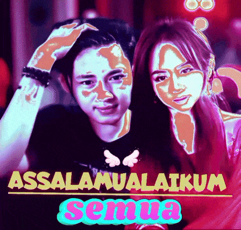 a man and a woman are standing next to each other with the words assalamualaikum semua above them