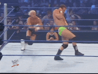 two wrestlers in a wrestling ring with the letter w on the bottom