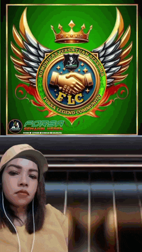 a woman wearing headphones stands in front of a forsa legend community logo