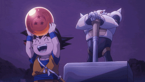 a cartoon drawing of a boy holding a red dragon ball
