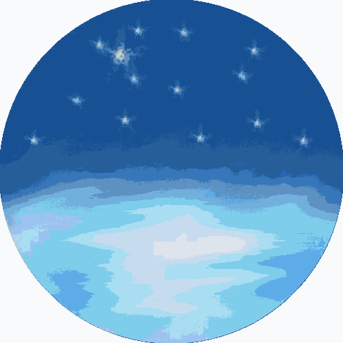 a circle with a blue sky and white stars in it