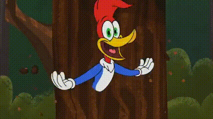 woody woodpecker is standing next to a tree in the woods and waving .