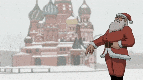 a cartoon drawing of santa pointing at something