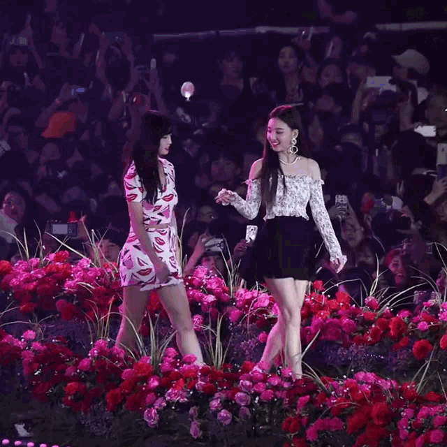 two women are standing in a field of flowers and one is wearing a shirt that says ' watermelon ' on it