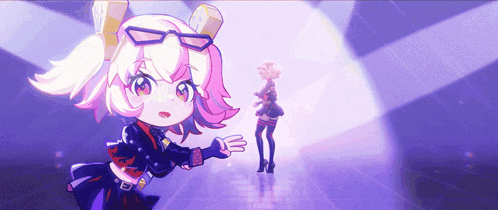 a cartoon girl with pink hair and glasses is standing next to another girl on a stage
